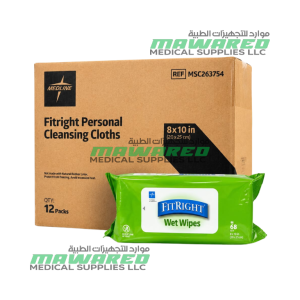 Medline FitRight Aloe Personal Cleansing Wet Wipes 8 x 10 Inch – 68 Wipes Pack | Carton of 12 Packs